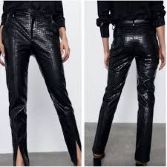 Zara Women Black Croc embossed Animal Faux Leather Pleather Vegan Pants M NWOT - Picture 6 of 17